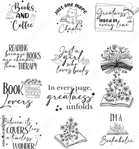 books , reading stickers, black and white reading t-shirt designs
