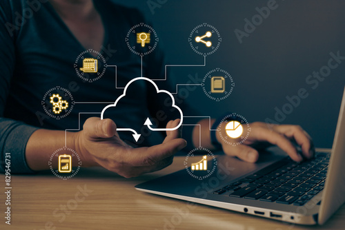 man holding icon cloud computing diagram show on hand. data storage.cloud technology.secure backup and consistency networking and internet service concept.implementing storage technology in business