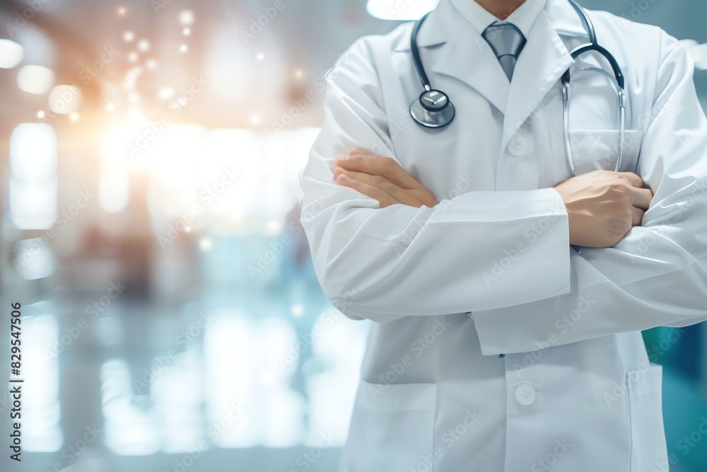 Doctor in uniform holding stethoscope and crossed arms. Hospital or clinic background and copy space Doctor in uniform holding stethoscope and crossed arms. Hospital or clinic background and copy space