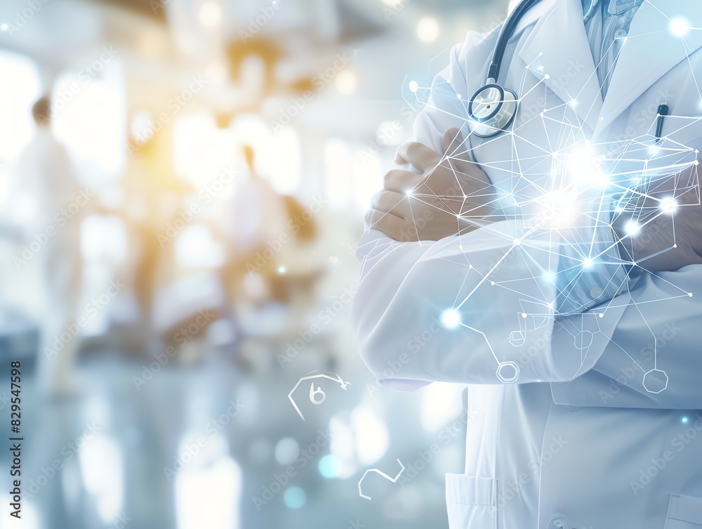 Doctor in uniform holding stethoscope and crossed arms. Hospital or clinic background and copy space Doctor in uniform holding stethoscope and crossed arms. Hospital or clinic background and copy space