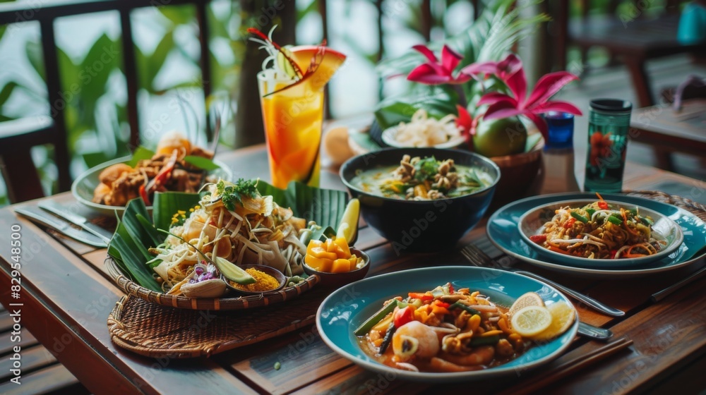 A colorful spread of traditional Thai dishes including pad Thai, green curry, and mango sticky rice, beautifully arranged on a wooden table.