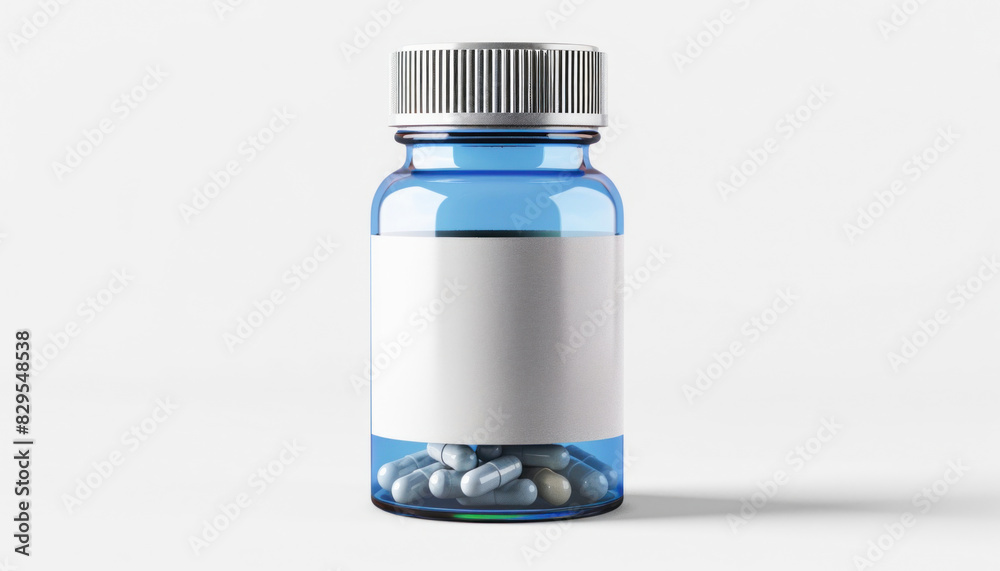 There is an electric blue bottle filled with pills placed on a white background There is an electric blue bottle filled with pills placed on a white background
