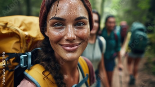 A happy woman wearing backpack and water on her face, smiling with cool water drops on her nose, eyebrows, eyelashes, and jaw, enjoying her travel adventure with stylish eyewear. AIG41