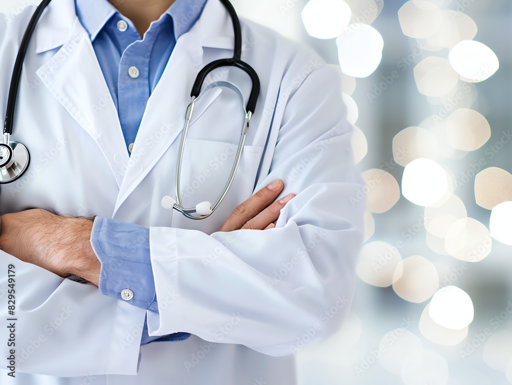 Doctor in uniform holding stethoscope and crossed arms. Hospital or clinic background and copy space Doctor in uniform holding stethoscope and crossed arms. Hospital or clinic background and copy space