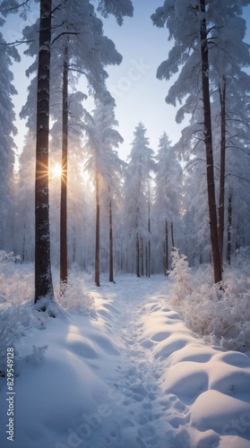 Evening in snow-covered forest, Tranquil winter scene. © xKas