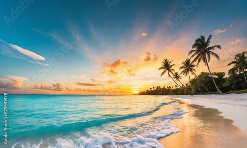 Palm trees lining a white sand beach with turquoise water  sunset in the background.