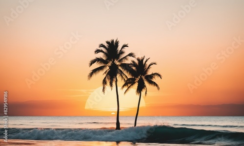 Silhouetted palm trees on a beach at sunset.
