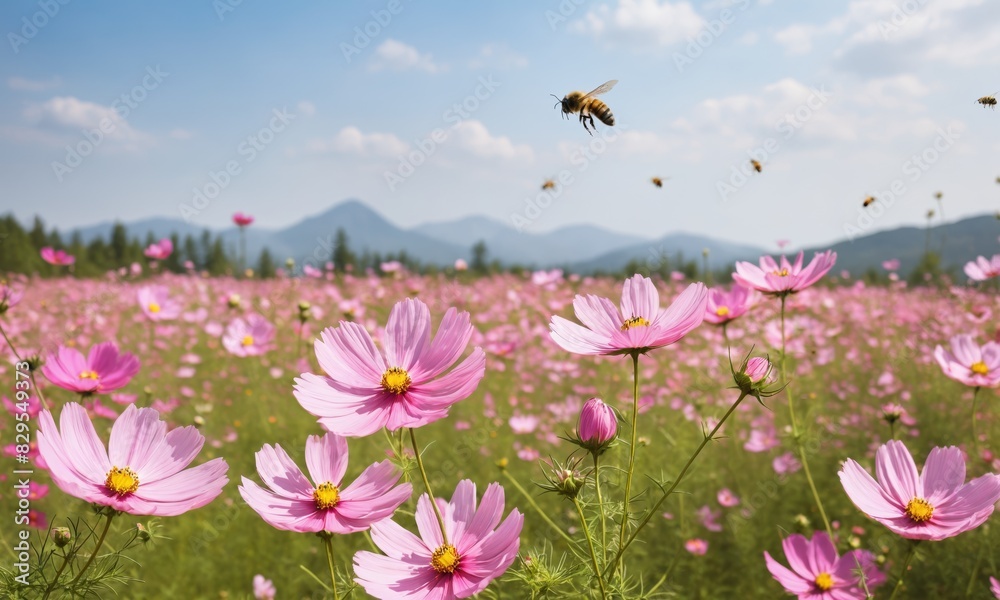 Bees pollinating pink cosmos flowers in a field. Bees pollinating pink cosmos flowers in a field.