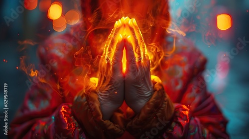 An abstract depiction of hands clasped in prayer, illuminated.