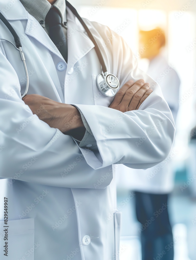 Doctor in uniform holding stethoscope and crossed arms. Hospital or clinic background and copy space Doctor in uniform holding stethoscope and crossed arms. Hospital or clinic background and copy space