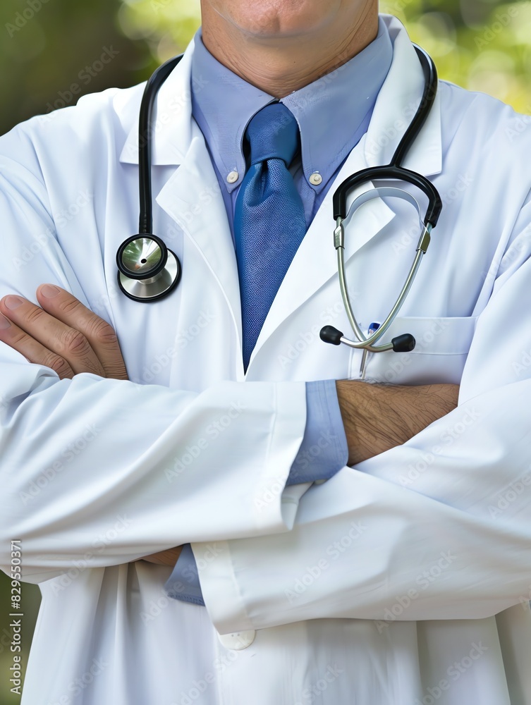 Doctor in uniform holding stethoscope and crossed arms. Hospital or clinic background and copy space Doctor in uniform holding stethoscope and crossed arms. Hospital or clinic background and copy space