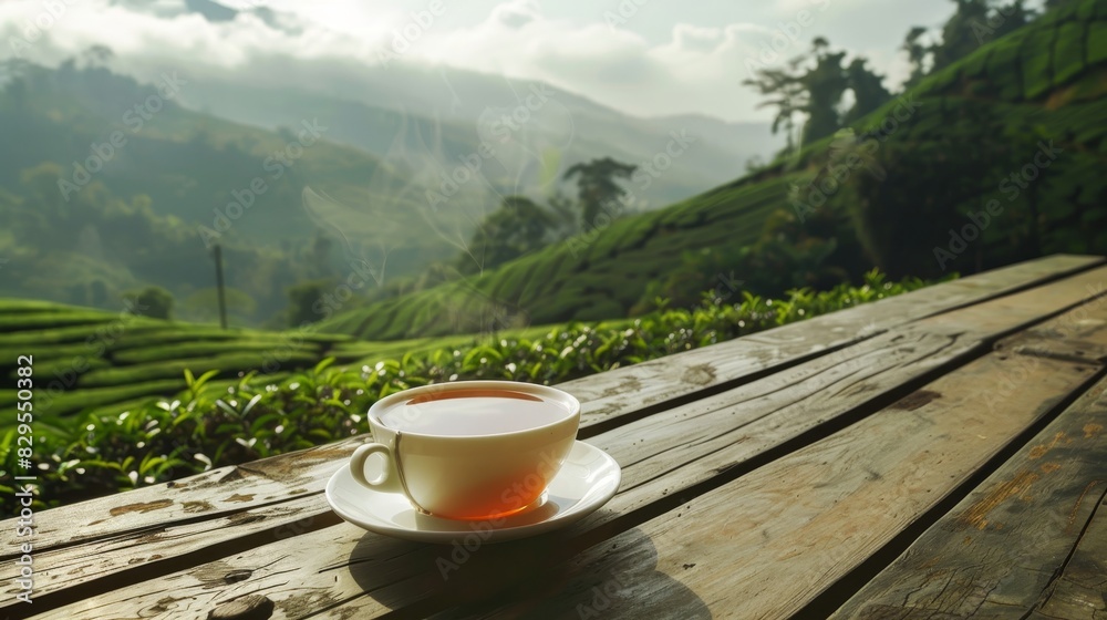 Tranquil setting. tea cup on wooden table in picturesque mountain tea plantation scene Tranquil setting. tea cup on wooden table in picturesque mountain tea plantation scene