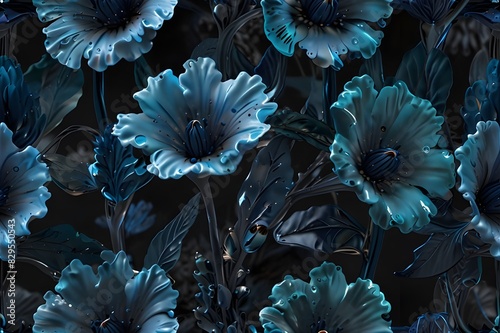 Hyper real glass flowers  blue organic twisting.
