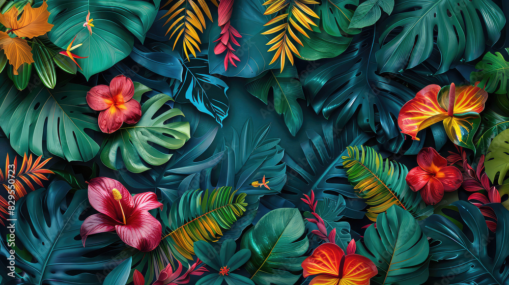 Tropical leaves and flowers in a vibrant pattern AI generated