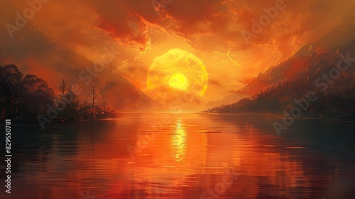 A digital painting of a golden sunrise over a tranquil landscape.