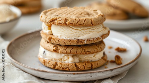 A delicious ice cream sandwich made with chewy cookies and creamy ice cream, a nostalgic and satisfying dessert option.
