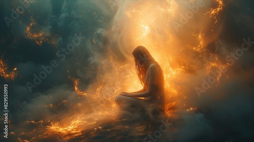 An image of a figure kneeling in prayer, surrounded by light. photo