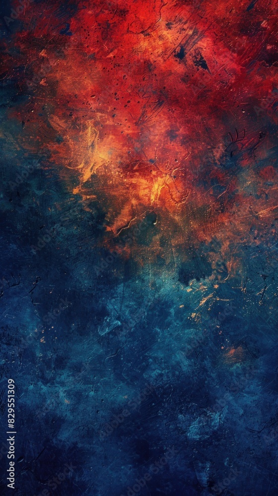 a chaotic blend of fiery reds and deep blues in a mesmerizing abstract grunge texture background.