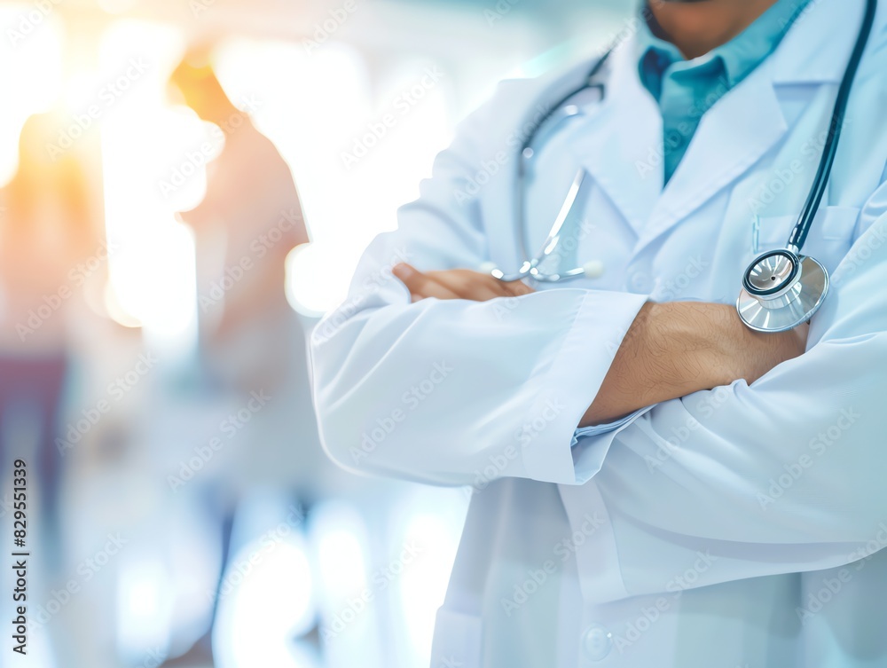 Doctor in uniform holding stethoscope and crossed arms. Hospital or clinic background and copy space Doctor in uniform holding stethoscope and crossed arms. Hospital or clinic background and copy space