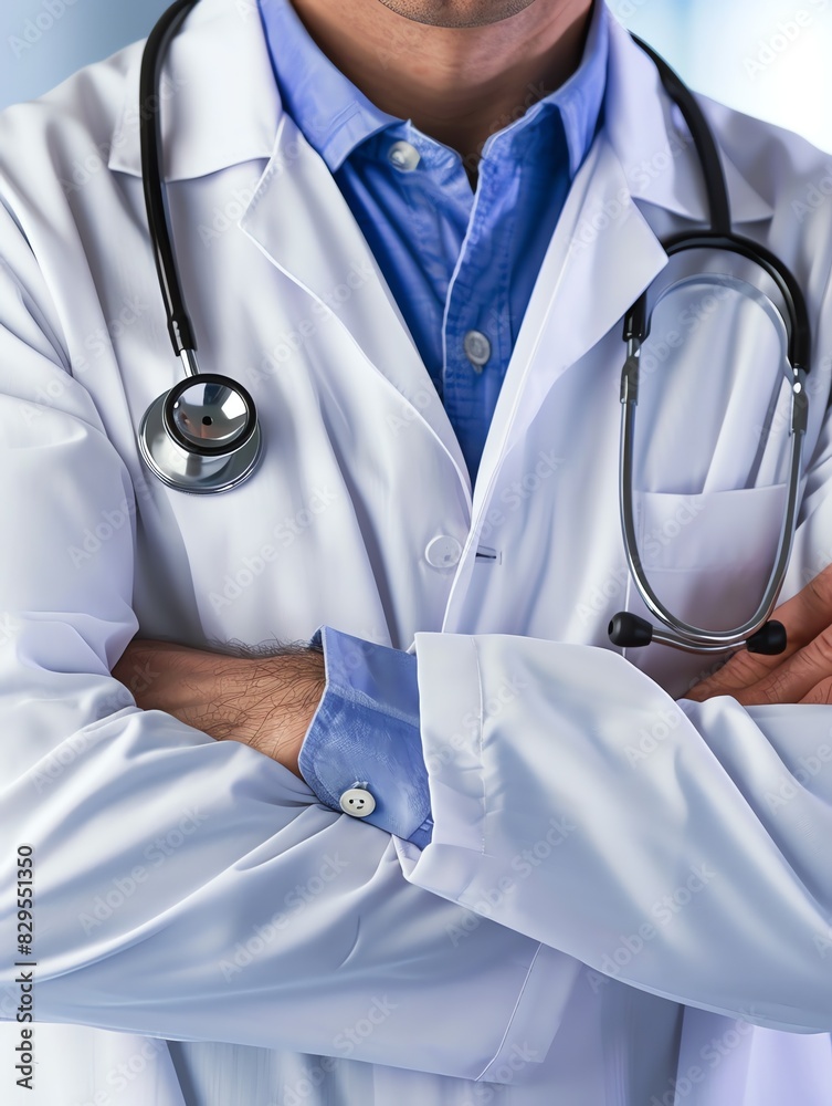 Doctor in uniform holding stethoscope and crossed arms. Hospital or clinic background and copy space Doctor in uniform holding stethoscope and crossed arms. Hospital or clinic background and copy space