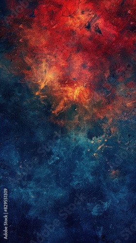 a chaotic blend of fiery reds and deep blues in a mesmerizing abstract grunge texture background.