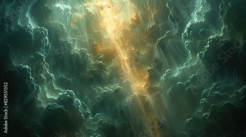 An abstract depiction of a light beam breaking through storm clouds. photo