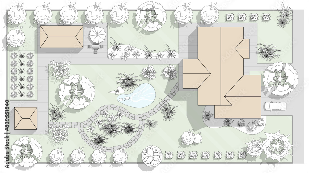 Top view landscape design plan with house, courtyard, lawn, garage. Highly detailed plan of country with modern cottage of villa with pond, pool. Vector illustration of Cityscape, Map of town, village