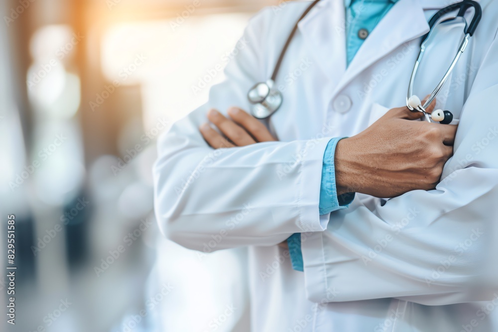 Doctor in uniform holding stethoscope and crossed arms. Hospital or clinic background and copy space