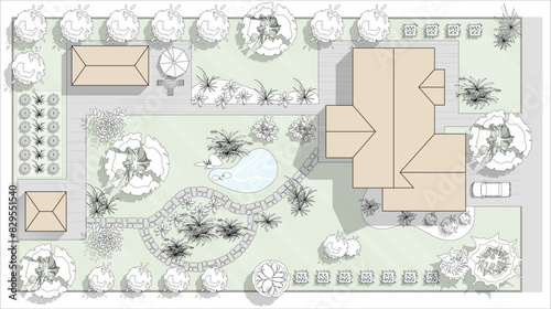 Top view landscape design plan with house, courtyard, lawn, garage. Highly detailed plan of country with modern cottage of villa with pond, pool. Vector illustration of Cityscape, Map of town, village