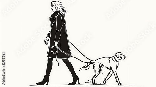 A woman in a long coat is walking a dog on a leash. The dog is a labrador retriever. The woman is wearing a hat and boots.