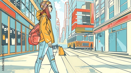 A young woman in a yellow jacket and red beanie walks down a city street. She is wearing a backpack and carrying a skateboard. photo