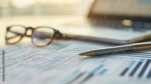 A detailed view of a balance sheet and financial statement on a desk, with a pen and glasses next to it.