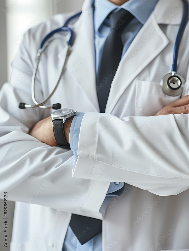 Doctor in uniform holding stethoscope and crossed arms. Hospital or clinic background and copy space Doctor in uniform holding stethoscope and crossed arms. Hospital or clinic background and copy space