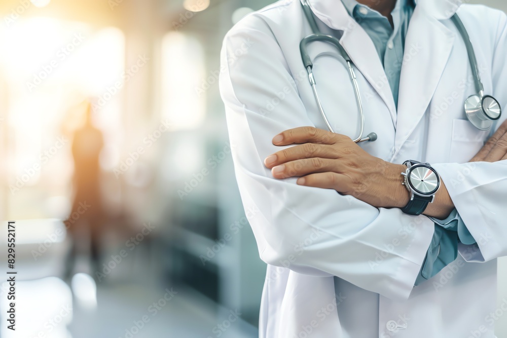 Doctor in uniform holding stethoscope and crossed arms. Hospital or clinic background and copy space Doctor in uniform holding stethoscope and crossed arms. Hospital or clinic background and copy space