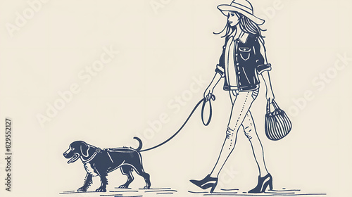 A young woman is walking her dog. She is wearing a hat, a denim jacket, and jeans. The dog is wearing a harness. They are walking on a leash.