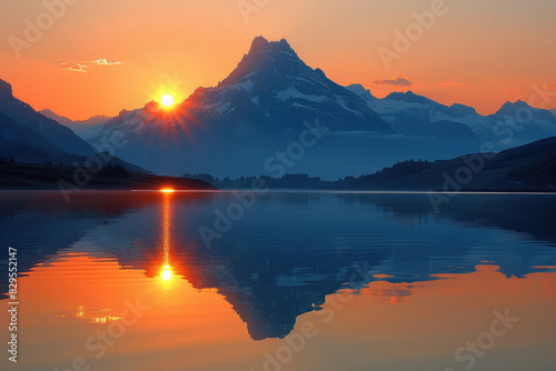 Sun sets behind mountain, mirrored perfectly on lake's glassy surface