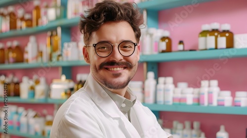 Young Pharmacist Exuding Joy in a Vibrant Work Environment photo