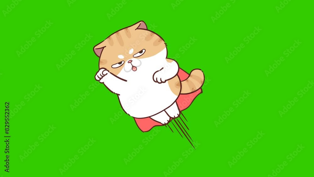 Animated Funny Cat Wearing a Red Cape Flying in the Sky - Green Screen
