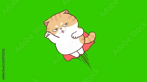 Animated Funny Cat Wearing a Red Cape Flying in the Sky - Green Screen