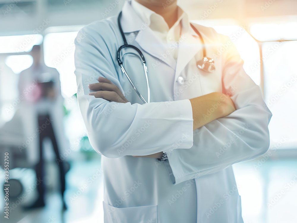 Doctor in uniform holding stethoscope and crossed arms. Hospital or clinic background and copy space Doctor in uniform holding stethoscope and crossed arms. Hospital or clinic background and copy space