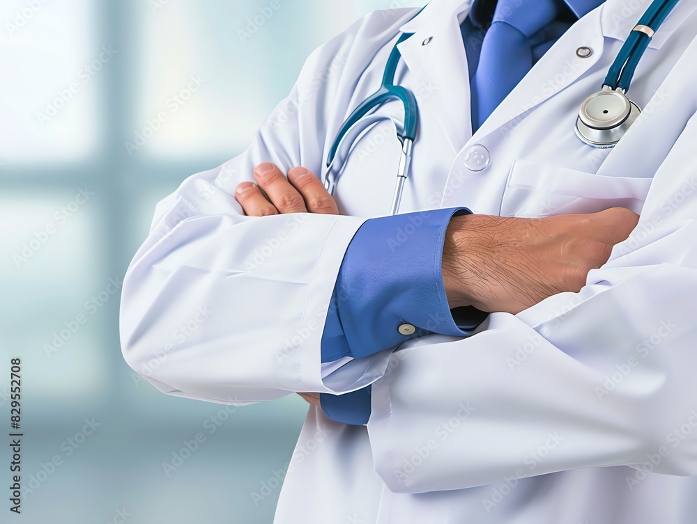 Doctor in uniform holding stethoscope and crossed arms. Hospital or clinic background and copy space Doctor in uniform holding stethoscope and crossed arms. Hospital or clinic background and copy space
