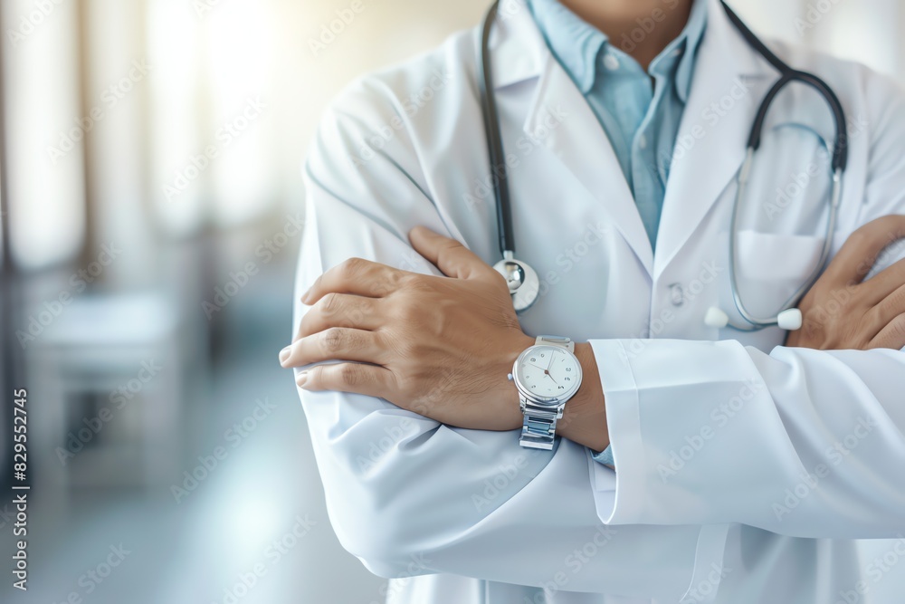 Doctor in uniform holding stethoscope and crossed arms. Hospital or clinic background and copy space