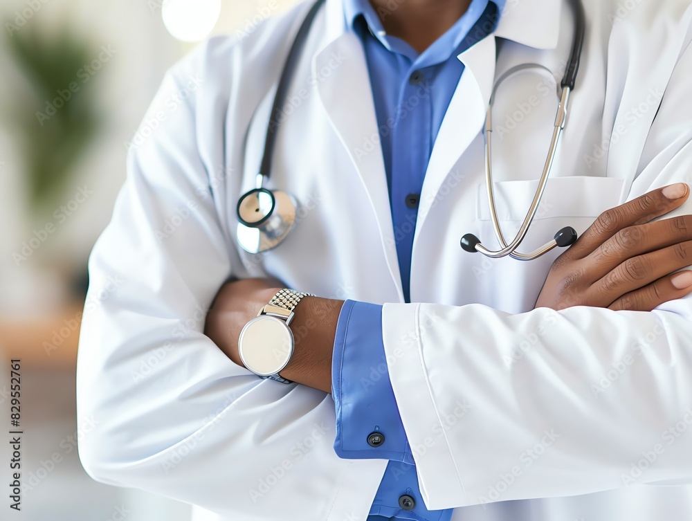 Doctor in uniform holding stethoscope and crossed arms. Hospital or clinic background and copy space Doctor in uniform holding stethoscope and crossed arms. Hospital or clinic background and copy space