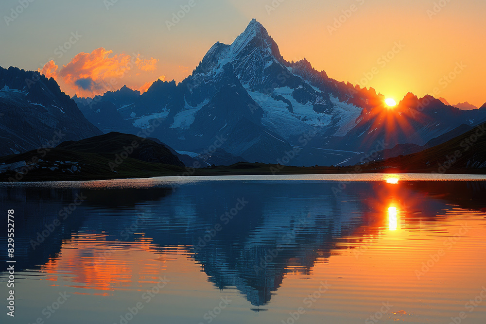 Sun sets behind mountain, mirrored perfectly on lake's glassy surface