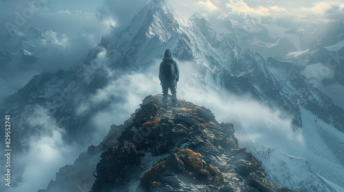 An image of a figure standing on a mountain peak  bathed in light.