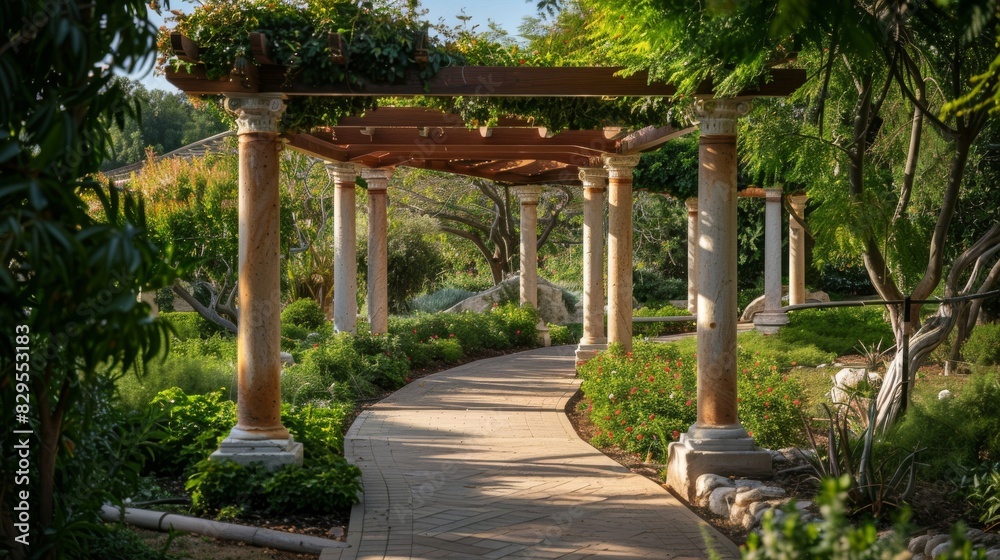 A tranquil garden with winding pathways and Greek-style pergolas A tranquil garden with winding pathways and Greek-style pergolas