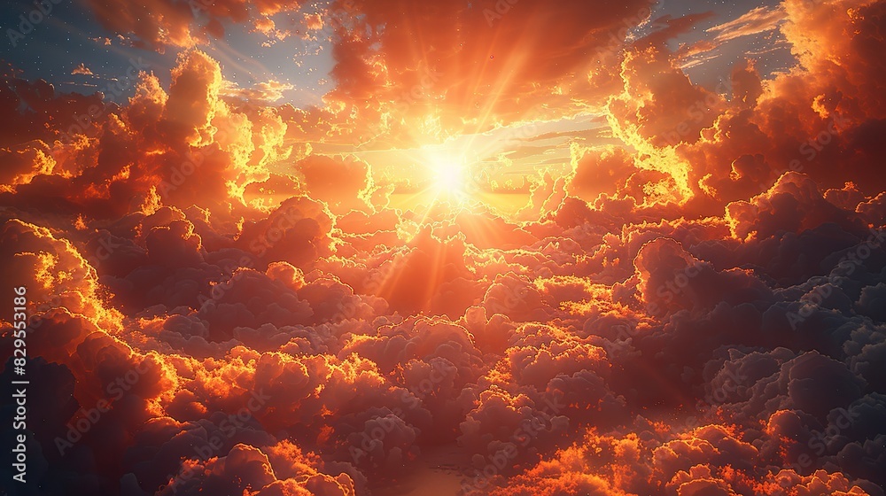 A celestial landscape with a radiant sun and glowing clouds. A celestial landscape with a radiant sun and glowing clouds.