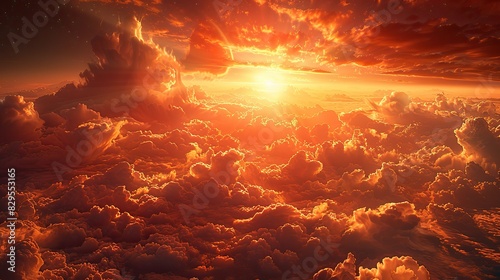 A celestial landscape with a radiant sun and glowing clouds.