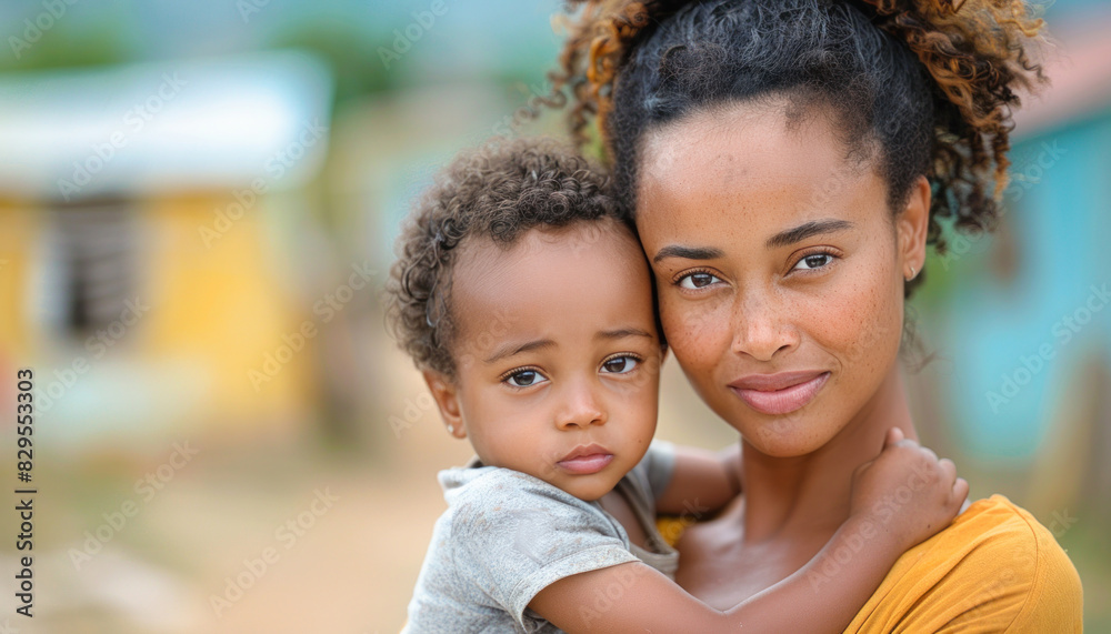 The woman is tenderly holding a little child close to her chest with care and affection The woman is tenderly holding a little child close to her chest with care and affection