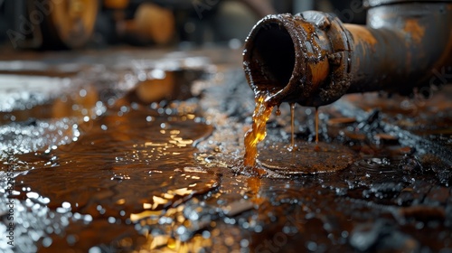 Close-up view of engine oil slowly dripping from a corroded pipe onto a dirty  oil-stained floor  highlighting the pollution